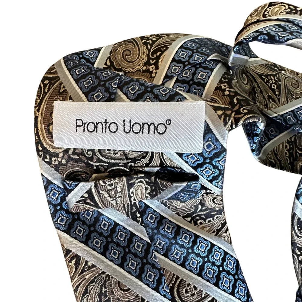Pronto Uomo Men Paisley Diagonal Stripe‎ Silk Tie Blue Brown Black Silver Formal